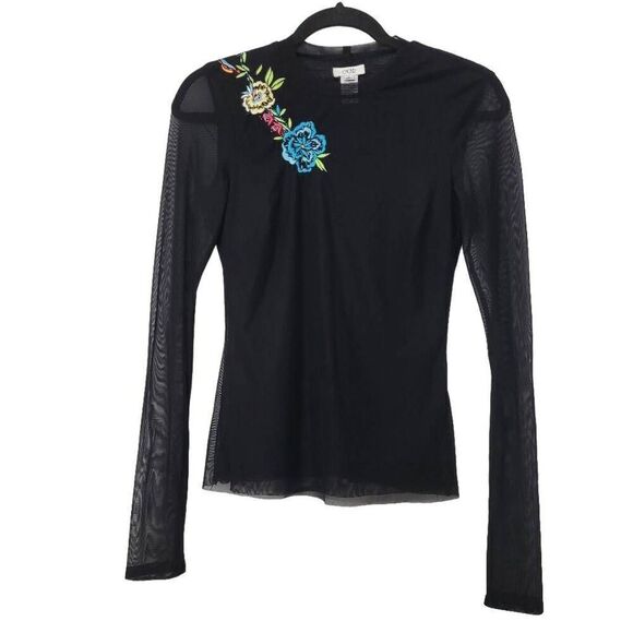 Vtg‎ Y2K Cache Black Embroidered Beaded Floral Mesh Top Sz S Sheer Long Sleeve - Picture 1 of 9